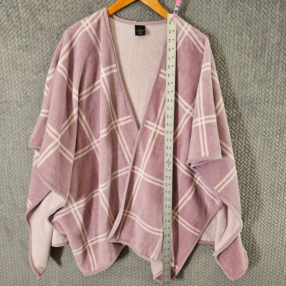 Cuddl Duds Mauve Plaid Fleece Wrap Poncho Oversized L/XL Open Front Side Buttons